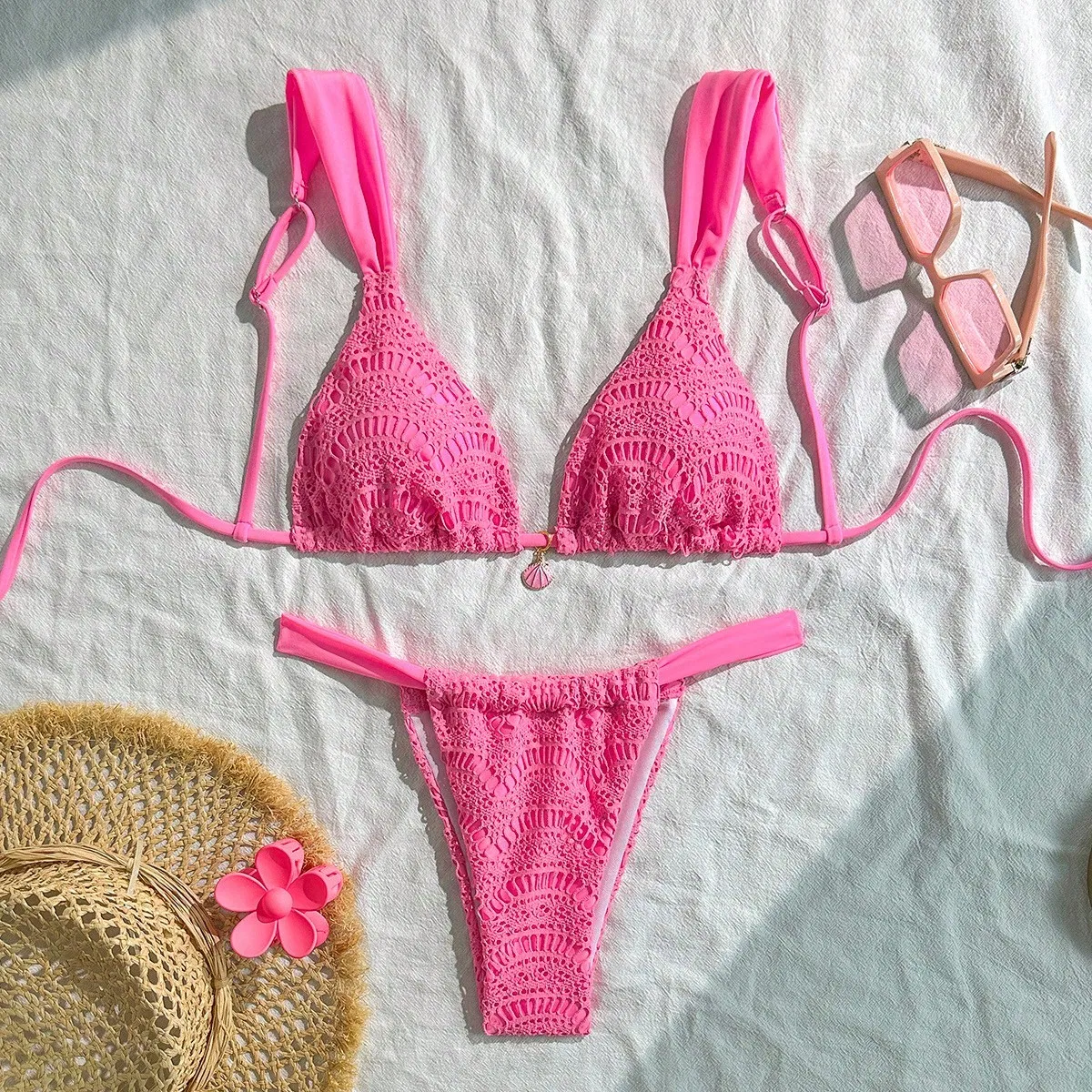 Women's Halter Triangle Bikini Set Crochet Boho Floral Swimsuit Cut out Tie Side Two Piece Bathing Suit Swimsuit Cover UPS Surf Bikini / Sport Bikini