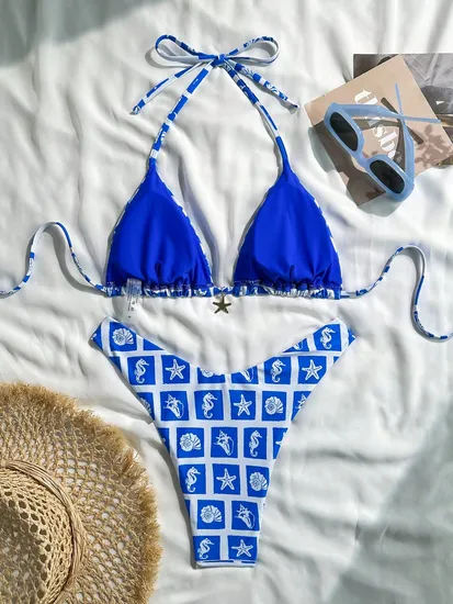 Women Two Piece Swimsuit Halter Triangle Hollow out Bathing Suits Cheeky String Bikini Sets Beach Cover up