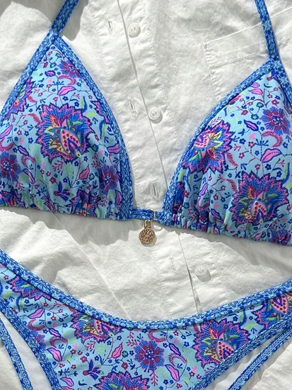 Women's Bikini Two Piece Adjustable Triangle Beads Shoulder Strap Bikini Set Sexy Bathing Swimsuits