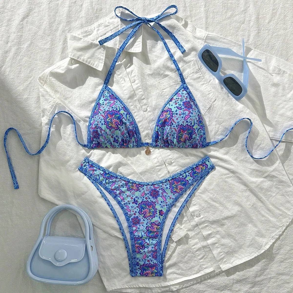 Women's Bikini Two Piece Adjustable Triangle Beads Shoulder Strap Bikini Set Sexy Bathing Swimsuits