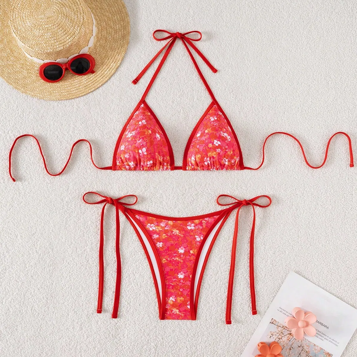Women's Bikini Two Piece Adjustable Triangle Beads Shoulder Strap Bikini Set Sexy Bathing Swimsuits
