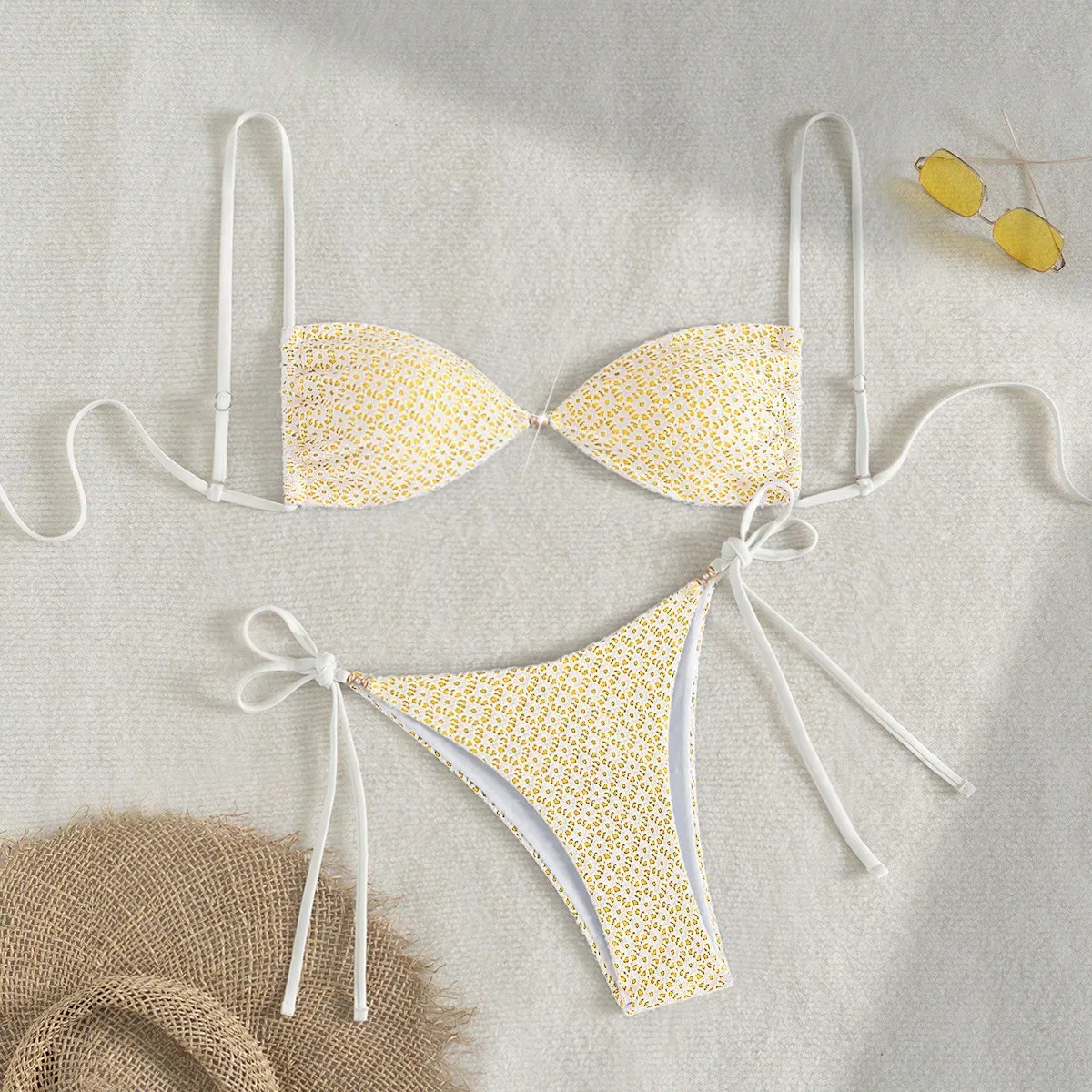 Women High Waisted Bikini Sets Tummy Control Swimsuits Color Block Two Piece Drawstring Bathing Suit Two-Piece Swimsuit