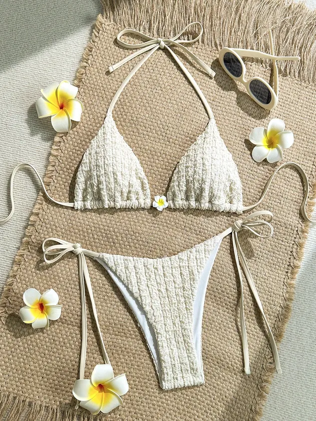 Ribbed Bikini Sets for Women Sexy Halter Triangle Top Two Piece Bathing Suit Tie Side Swimsuit Surf Bikini / Sport Bikini Two-Piece Swimsuit
