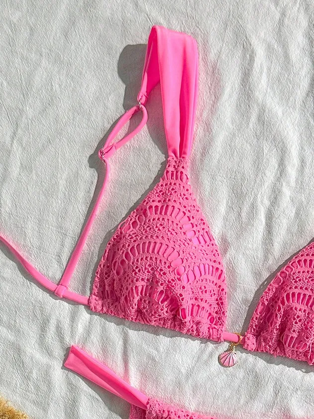 Women's Halter Triangle Bikini Set Crochet Boho Floral Swimsuit Cut out Tie Side Two Piece Bathing Suit Swimsuit Cover UPS Surf Bikini / Sport Bikini