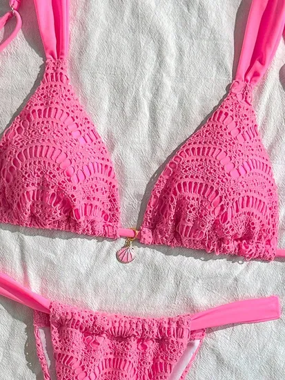 Women's Halter Triangle Bikini Set Crochet Boho Floral Swimsuit Cut out Tie Side Two Piece Bathing Suit Swimsuit Cover UPS Surf Bikini / Sport Bikini