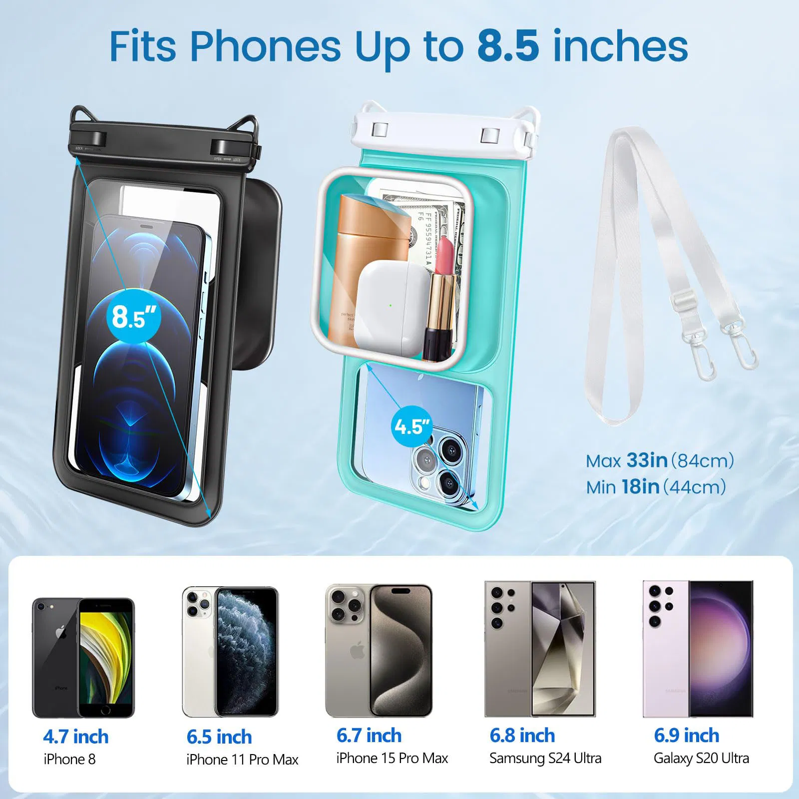 Waterproof Phone Pouch, Large Space Cell Phone Pouch Floating, Water Proof Phone Case with Lanyard, Phone Dry Bag Beach Cruise Ship Essentials