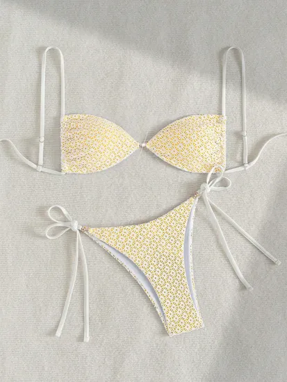 Bikini Sets for Women Halter Two Piece Swimsuit Ribbed High Cut Tie Side Thong Bathing Suit Sexy Padded Swimwear