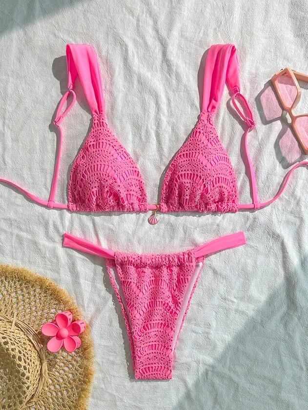 Women's Halter Triangle Bikini Set Crochet Boho Floral Swimsuit Cut out Tie Side Two Piece Bathing Suit Swimsuit Cover UPS Surf Bikini / Sport Bikini