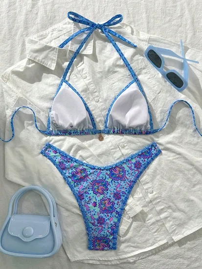 Women's Bikini Two Piece Adjustable Triangle Beads Shoulder Strap Bikini Set Sexy Bathing Swimsuits