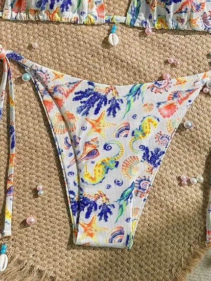 Women's Two Piece Bikini Two-Piece Swimsuit Swimsuit Sexy Ribbed Triangle Top Bathing Suits String Cheeky Bikini Sets