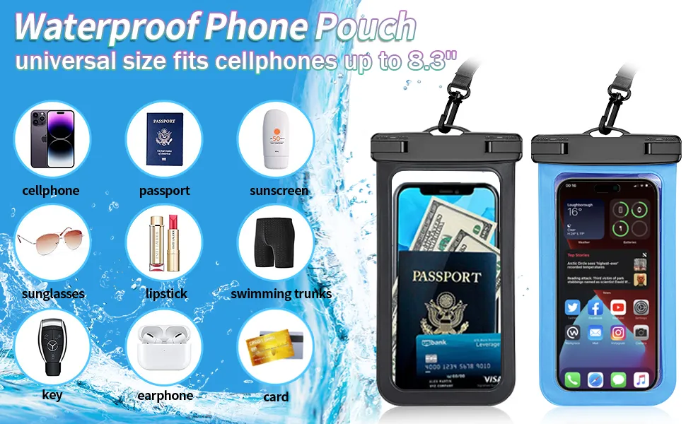 Crystal Clear PVC Waterproof Phone Case Ipx8 Touch Sensitive Pouch for Swimming Snorkeling, HD Screen Underwater Photography