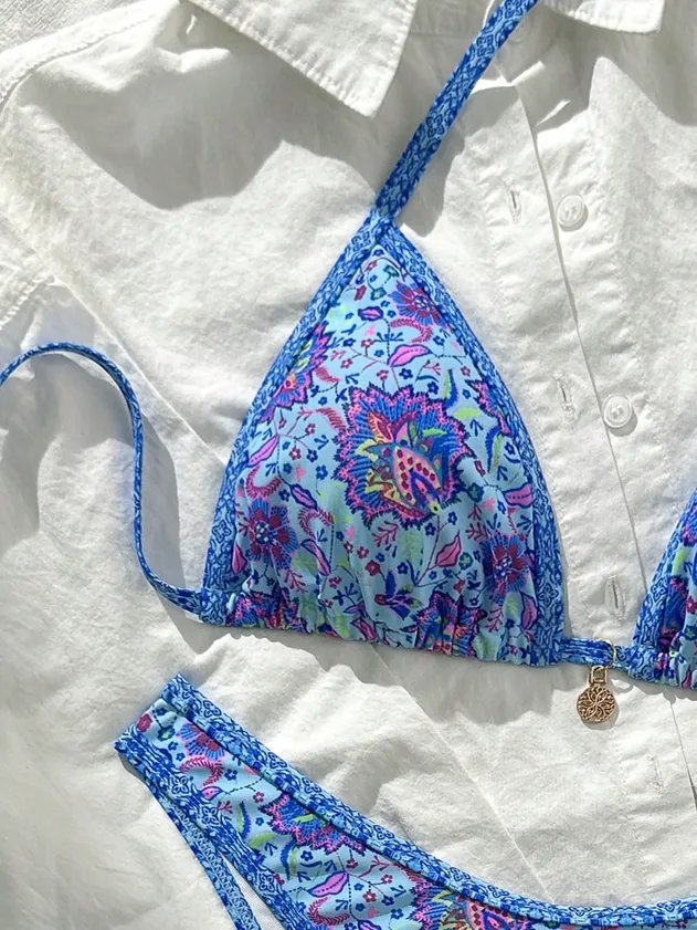 Women's Bikini Two Piece Adjustable Triangle Beads Shoulder Strap Bikini Set Sexy Bathing Swimsuits