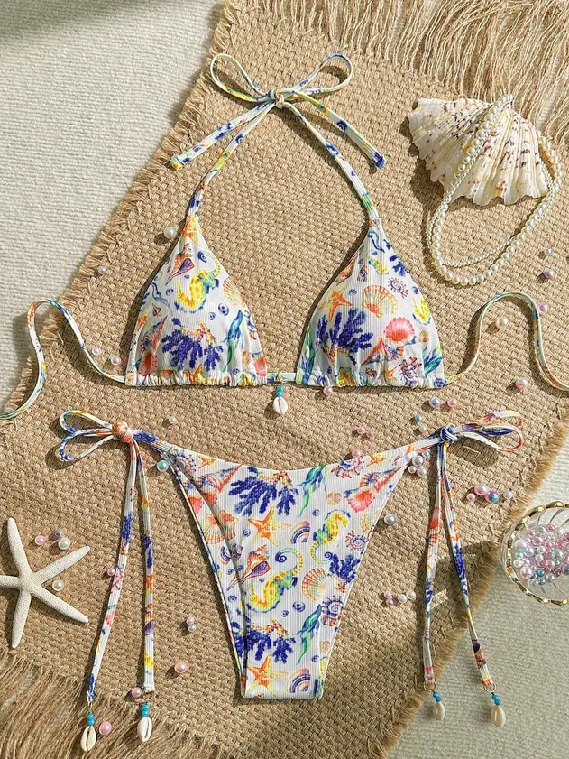 Women's Two Piece Bikini Two-Piece Swimsuit Swimsuit Sexy Ribbed Triangle Top Bathing Suits String Cheeky Bikini Sets