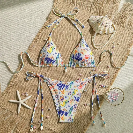 Women's Two Piece Bikini Two-Piece Swimsuit Swimsuit Sexy Ribbed Triangle Top Bathing Suits String Cheeky Bikini Sets