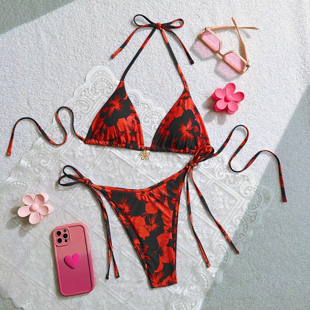 American Trends Women's String Two Piece Halter Top Triangle Bikini Set with Tie Side Bottom Sexy Swimsuit Bathing Suits