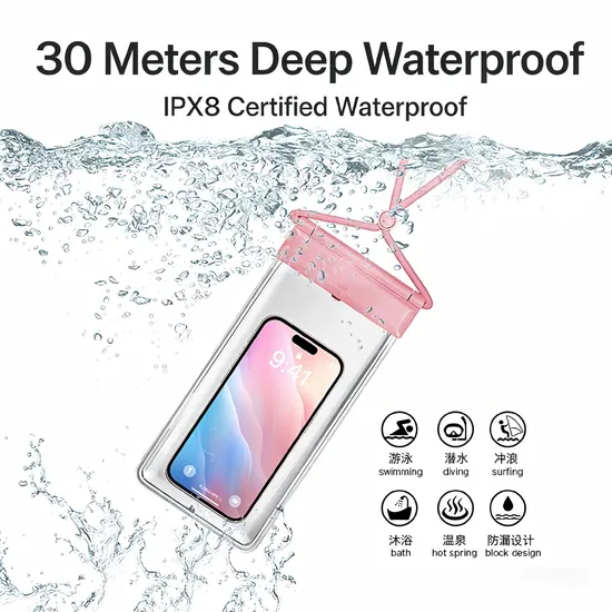 Outdoor Swimming Waterproof Phone Bag Ipx8 Rated Clear TPU Pouch, Universal Underwater Case for Beach Pool Kayaking