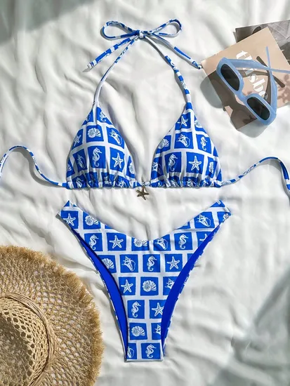 Women Two Piece Swimsuit Halter Triangle Hollow out Bathing Suits Cheeky String Bikini Sets Beach Cover up