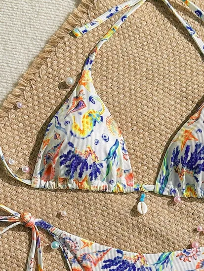 Women's Two Piece Bikini Two-Piece Swimsuit Swimsuit Sexy Ribbed Triangle Top Bathing Suits String Cheeky Bikini Sets