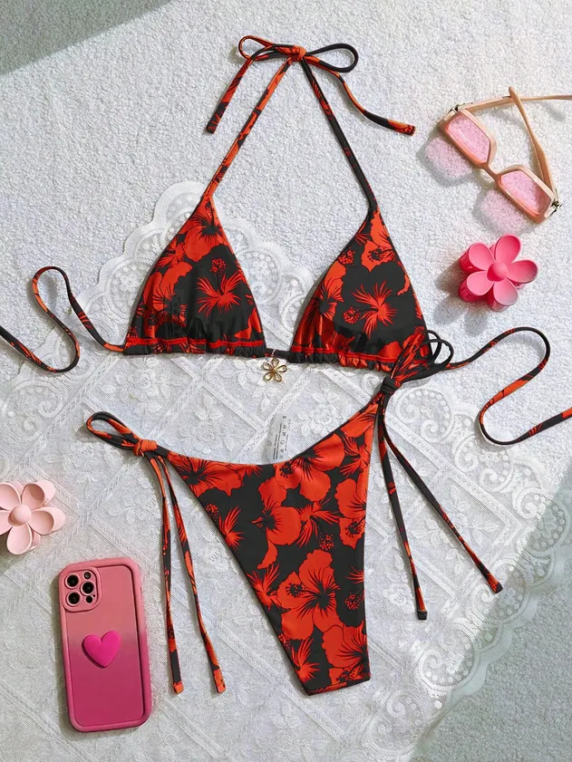 American Trends Women's String Two Piece Halter Top Triangle Bikini Set with Tie Side Bottom Sexy Swimsuit Bathing Suits
