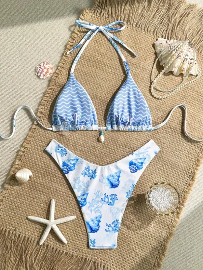 Women's Floral Printed Bathing Suit Halter Summer Swimsuit Bikinis Set Surf Bikini / Sport Bikini Teen Bikini